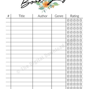 Pode incluir: Um registo de livros imprim&iacute;vel com um design floral. O registo tem colunas para o t&iacute;tulo do livro, o autor, o g&eacute;nero e a classifica&ccedil;&atilde;o. A classifica&ccedil;&atilde;o &eacute; indicada por uma linha de cinco estrelas.
