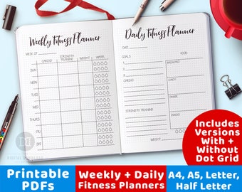 2 Fitness Planner Printables, Daily Fitness Planner, Weekly Fitness Planner, Bullet Journal Fitness Journal, Exercise Planner Health Planner
