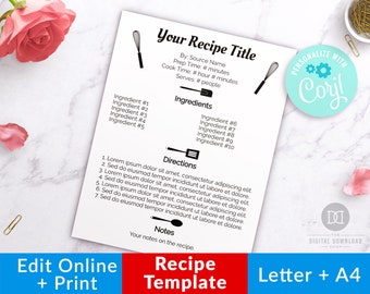Recipe Template Printable, Editable Recipe Template, Cookbook Template, Recipe Binder Printable, Editable Recipe Book, Recipe Page Printable