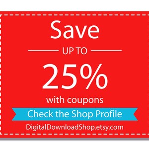 Op de afbeelding: Rood vierkant met een witte gestippelde rand, de tekst luidt "Save UP TO 25% with coupons Check the Shop Profile DigitalDownloadShop.etsy.com". Een blauw lint met witte tekst luidt "Check the Shop Profile" bevindt zich onderaan het vierkant.