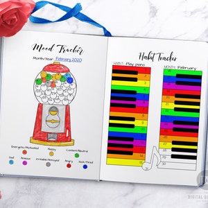 May include: A printable mood tracker and habit tracker. The mood tracker is a gumball machine with a rainbow of colors. The habit tracker is a piano keyboard with a rainbow of colors. The text on the page says "Mood Tracker" and "Habit Tracker".