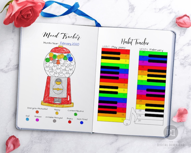 May include: A printable mood tracker and habit tracker. The mood tracker is a gumball machine with a rainbow of colors. The habit tracker is a piano keyboard with a rainbow of colors. The text on the page says "Mood Tracker" and "Habit Tracker".