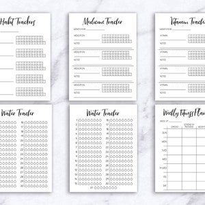 May include: A set of printable black and white habit, medicine, vitamin, water, and weekly fitness trackers. The trackers are designed to help you stay organized and on track with your goals.