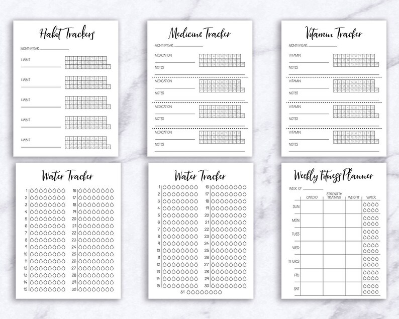 May include: A set of printable black and white habit, medicine, vitamin, water, and weekly fitness trackers. The trackers are designed to help you stay organized and on track with your goals.