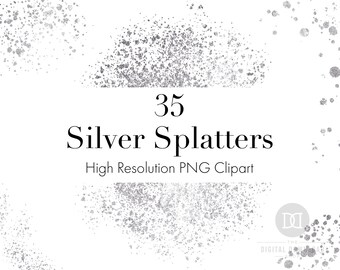Silver Splatters Clipart, Silver Digital Paint Splatter Overlays, Silver Splashes Graphics, Silver Design Elements, Silver Watercolor PNGs