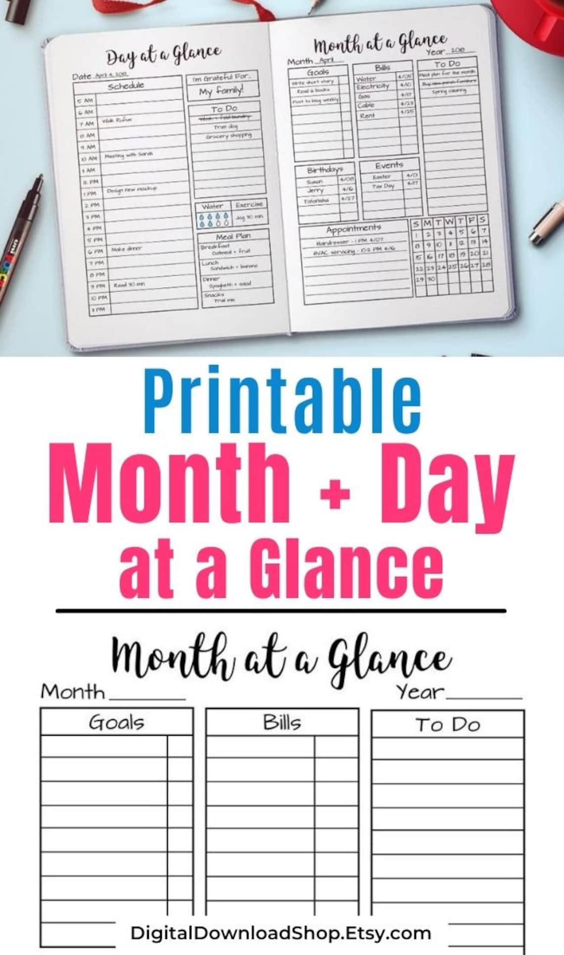 Month at a Glance Printable Day at a Glance Bullet Journal | Etsy
