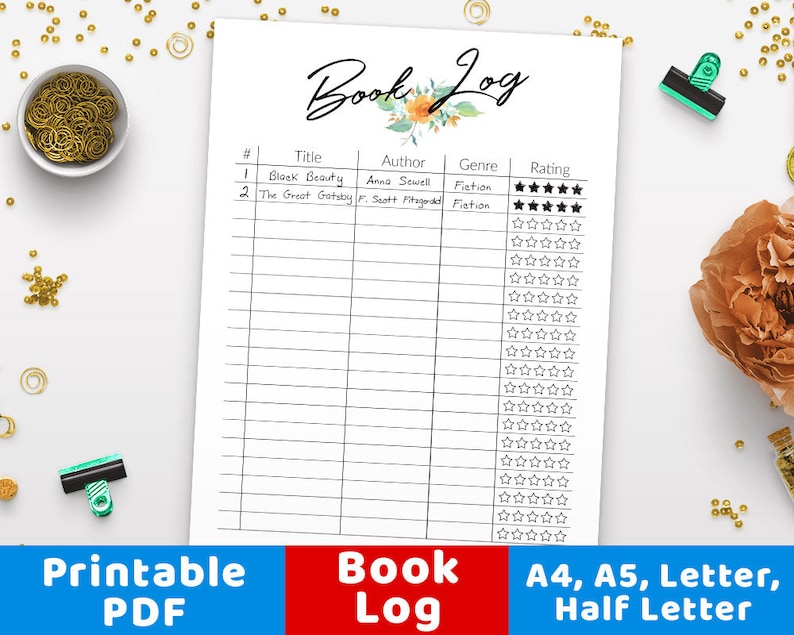 Pode incluir: Registro de livros imprim&iacute;vel com um design floral. O registro tem colunas para o t&iacute;tulo, o autor, o g&ecirc;nero e a classifica&ccedil;&atilde;o. A classifica&ccedil;&atilde;o &eacute; indicada por cinco estrelas.