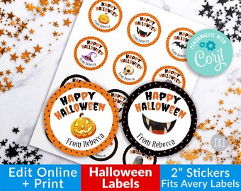 Halloween Stickers Personalized, Printable Halloween Circle Labels Editable, 2" Round Kids Halloween Treat Bag Labels, Circle Label Template