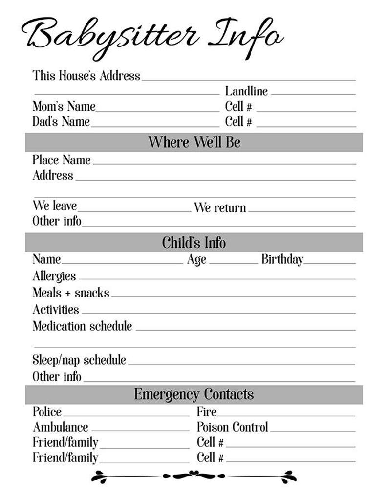 Sitter Printables Babysitter Printable House Sitter Info Etsy Canada