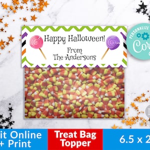 Halloween Treat Bag Topper personalizado, editable Treat Bag Topper imprimible, Custom Candy Bag Top, Lollipop Treat Bag Tag, Halloween Candy