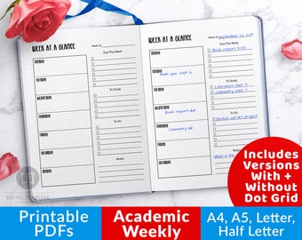 Academic Weekly Planner Printable, Bujo Journal Weekly Planner, Academic Planner, Week at a Glance Planner, Weekly Schedule, Undated PDF