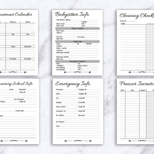 May include: A printable planner with six sections: Appointment Calendar, Babysitter Info, Cleaning Checklist, Elementary School Info, Emergency Info, and Freezer Inventory. Each section has a title and blank spaces for writing.