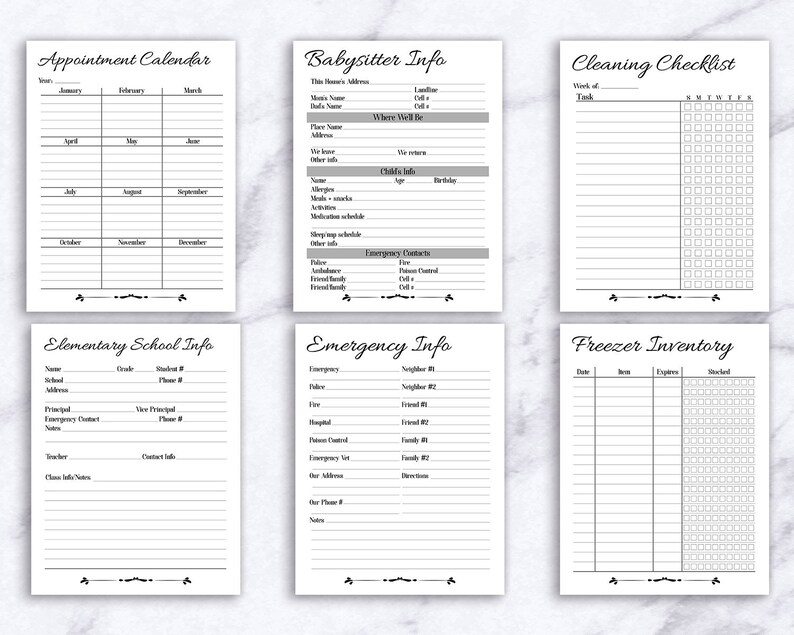 May include: A printable planner with six sections: Appointment Calendar, Babysitter Info, Cleaning Checklist, Elementary School Info, Emergency Info, and Freezer Inventory. Each section has a title and blank spaces for writing.