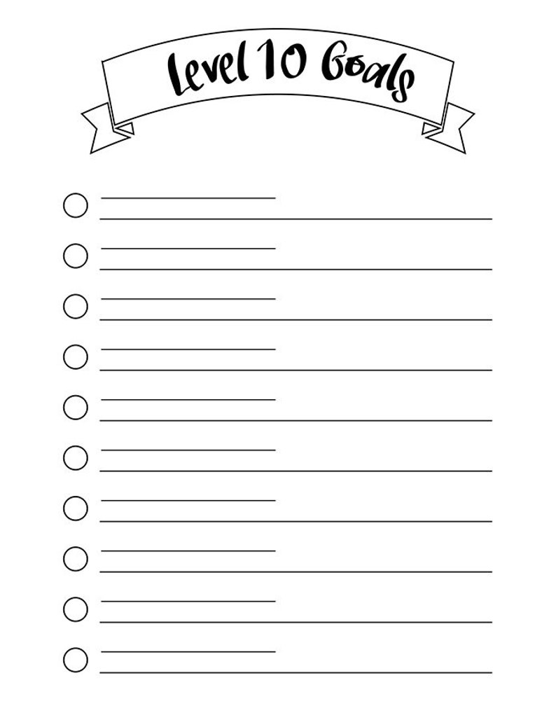 Puede incluir: Una p&aacute;gina de planificador en blanco y negro con el texto "Level 10 Goals" en una pancarta. La p&aacute;gina presenta diez l&iacute;neas con c&iacute;rculos para listas de verificaci&oacute;n, dise&ntilde;adas para la definici&oacute;n de objetivos.