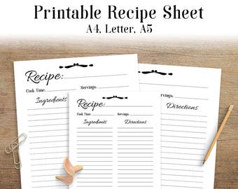 Recipe Sheet Printable, Recipe Page Template, Blank Recipe Page, Recipe Book, Printable Recipe Template, Recipe Inserts, A4, Letter, A5, PDF