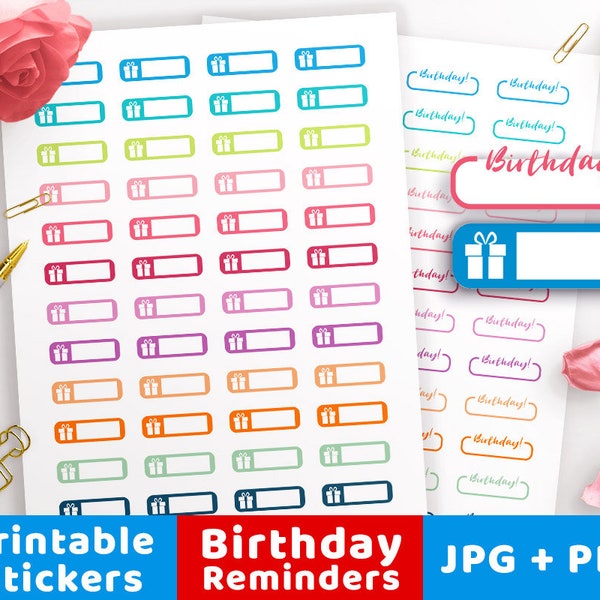 2 Birthday Planner Stickers Printable, Printable Birthday Reminder Planner Stickers, Birthday Box Stickers Happy Birthday Present Gift Icon