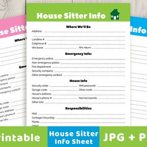 House Sitter Info Sheet Printable, Sitter Instructions, Sitter Information, House Sitting Guide, Sitter Worksheet, House Info Printable