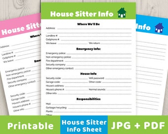 House Sitter Info Sheet Printable, Sitter Instructions, Sitter Information, House Sitting Guide, Sitter Worksheet, House Info Printable