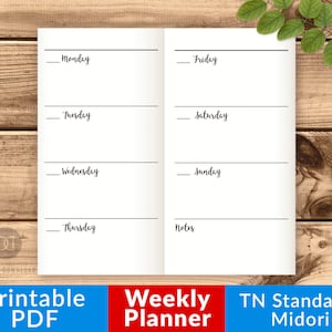 TN Weekly Inserts Standard, TN Midori Travelers Notebook Inserts Printable, Undated Weekly Planner, Week on 2 Pages, Horizontal Layout PDF
