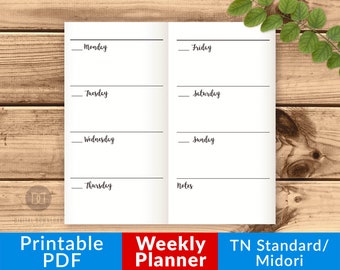TN Weekly Inserts Standard, TN Midori Travelers Notebook Inserts Printable, Undated Weekly Planner, Week on 2 Pages, Horizontal Layout PDF