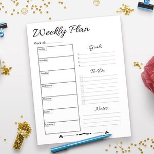 May include: A printable weekly planner with sections for goals, to-do list, and notes. The planner has a simple black and white design with a handwritten font.