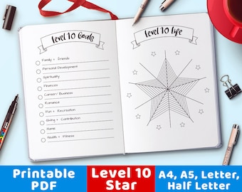 May include: Printable Level 10 Goals and Life Star planner page. The page is divided into two sections. The left side has a checklist of life goals, including family and friends, personal development, spirituality, finances, career, romance, fun and recreation, giving and contribution, home, and health and fitness. The right side features a star-shaped graphic with lines radiating from the center.