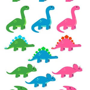 May include: A set of 12 colorful cartoon dinosaur illustrations. The dinosaurs are in various poses and include a T-Rex, a stegosaurus, a triceratops, and a pterodactyl.