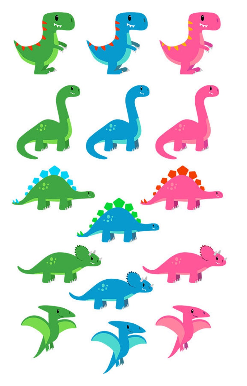 May include: A set of 12 colorful cartoon dinosaur illustrations. The dinosaurs are in various poses and include a T-Rex, a stegosaurus, a triceratops, and a pterodactyl.