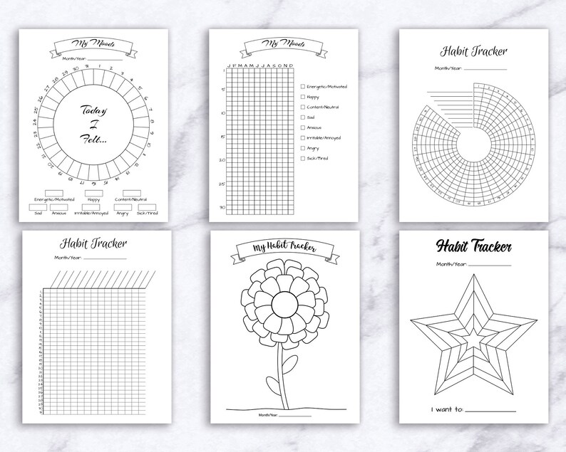 May include: Six printable pages for a habit tracker journal. The pages include a mood tracker, a habit tracker with a flower design, a habit tracker with a star design, and a habit tracker with a grid.