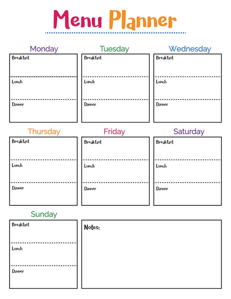 Colorful Meal Planner Printable, Printable Menu Planner, Weekly Meal Planner, Weekly Meal Schedule, Meal Planner PDF, Kitchen Home Binder image 2