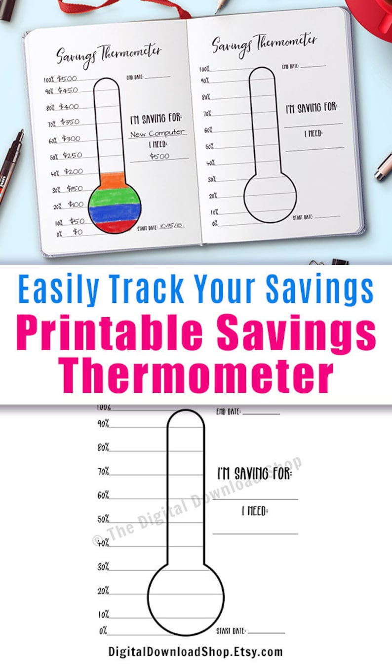 Savings Thermometer Printable, Bullet Journal Savings Goal Thermometer Tracker, Emergency Fund Savings Chart, Vacation Savings, Bujo Insert image 6