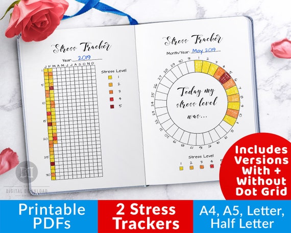 2 Stress Tracker Bujo Journal Printables, Stress Tracker Printables,  Anxiety Tracker Journal, Mental Health Planner, Stress Management PDF 