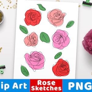 Rose Clipart, Hand Drawn Rose Sketch Clip Art, Floral Clipart, Flower Clipart, Floral Wedding Clipart, Rose Drawing Sketch Flowers Botanical