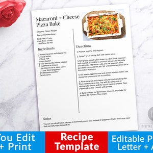 Recipe Template with Photo Printable, Editable Recipe Template, Recipe Binder Printable, Cookbook Template, Printable Cookbook, Recipe Book