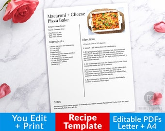 Recipe Template with Photo Printable, Editable Recipe Template, Recipe Binder Printable, Cookbook Template, Printable Cookbook, Recipe Book