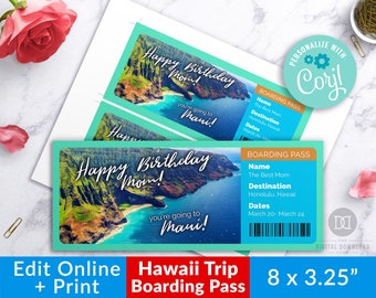 Boarding Pass Template Printable, Editable Hawaii Vacation Ticket, Fake Plane Ticket Pass, Surprise Trip Ticket, Beach Vacation, Maui Trip