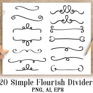 May include: A white sheet of paper with 20 simple black flourish dividers. The dividers include various swirls, lines, and decorative elements. A pencil, paper clips, and flower petals are on the wooden surface.