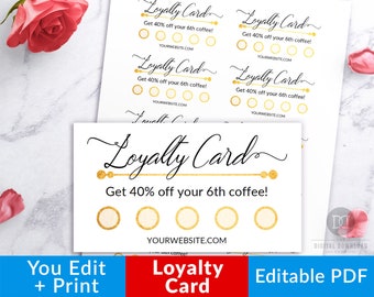 Loyalty Card Template Printable, Gold Customer Loyalty Card Printable, Reward Punch Card, Editable Reward Card, Editable Stamp Card PDF