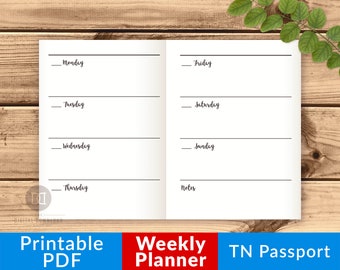TN Weekly Inserts Passport, Travelers Notebook Insert Printable, Undated Weekly Planner, Week on 2 Pages, Horizontal Layout TN Passport Size