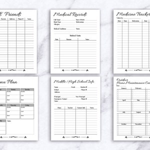 May include: Printable black and white planner pages with headings for "Kid's Friends", "Menu Plan", "Medical Records", "Medicine Tracker", "Middle/High School Info", and "Outdoor Home Maintenance Calendar".