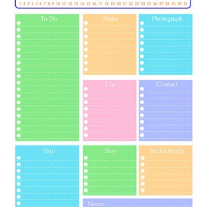 K&ouml;nnte beinhalten: Ein druckbarer Etsy-Verk&auml;ufer-Organizer mit einem Kalender, einer To-Do-Liste, Make, Fotografieren, Liste, Kontakt, Versand, Kaufen, Social Media und Notizen. Der Kalender ist in hellblau, die To-Do-Liste in gr&uuml;n, Make in orange, Fotografieren in hellblau, Liste in rosa, Kontakt in helllila, Versand in hellblau, Kaufen in gr&uuml;n, Social Media in orange und Notizen in helllila.