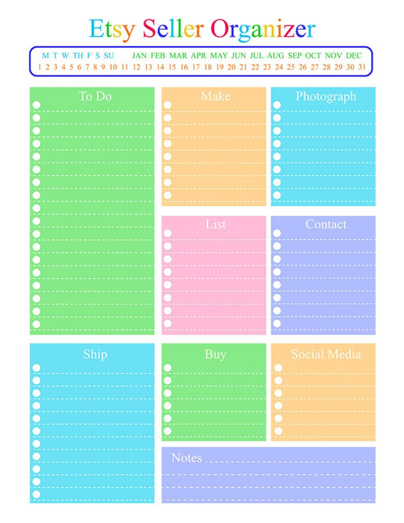 K&ouml;nnte beinhalten: Ein druckbarer Etsy-Verk&auml;ufer-Organizer mit einem Kalender, einer To-Do-Liste, Make, Fotografieren, Liste, Kontakt, Versand, Kaufen, Social Media und Notizen. Der Kalender ist in hellblau, die To-Do-Liste in gr&uuml;n, Make in orange, Fotografieren in hellblau, Liste in rosa, Kontakt in helllila, Versand in hellblau, Kaufen in gr&uuml;n, Social Media in orange und Notizen in helllila.