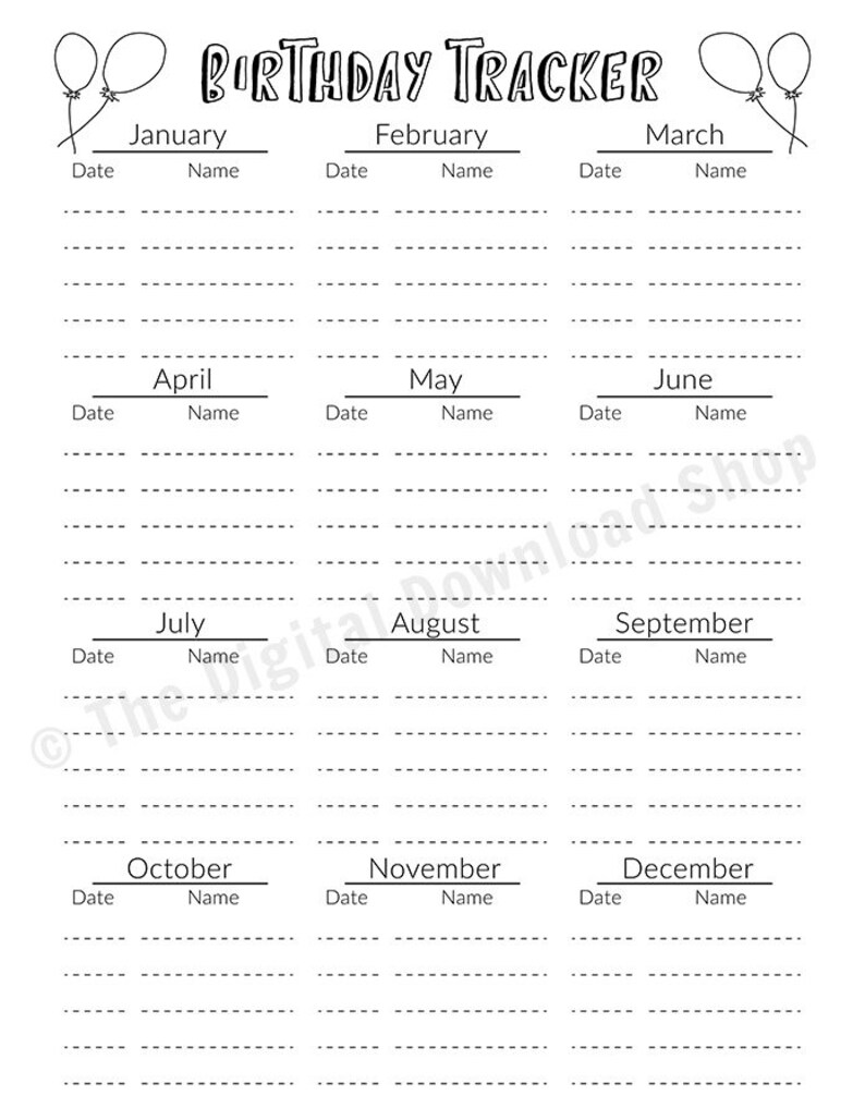 Bujo Journal Birthday Tracker Printable Bujo Birthday Log - Etsy UK