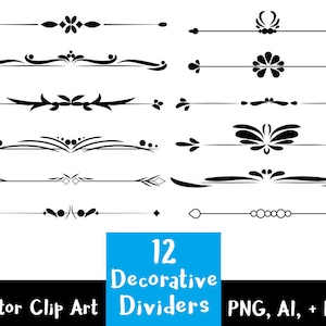 May include: Twelve black decorative dividers with various floral and geometric designs. Vector clip art for digital design projects. PNG, AI, and EPS file formats.