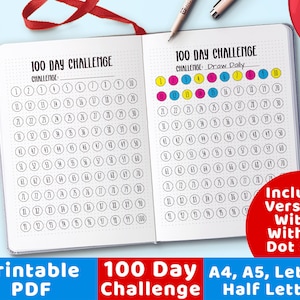 100 Day Challenge Printable, Bujo Journal 100 Day Project Worksheet, Bujo 100 Day Challenge Tracker, Goal Tracker Habit Tracker Resolution