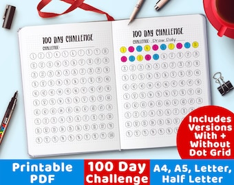 100 Day Challenge Printable, Bujo Journal 100 Day Project Worksheet, Bujo 100 Day Challenge Tracker, Goal Tracker Habit Tracker Resolution