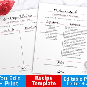 Editable Cookbook Template, Recipe Binder Printable, Recipe Template, Editable Recipe Book Printable, Printable Recipe Page, Recipe Sheet