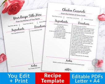 Editable Cookbook Template, Recipe Binder Printable, Recipe Template, Editable Recipe Book Printable, Printable Recipe Page, Recipe Sheet