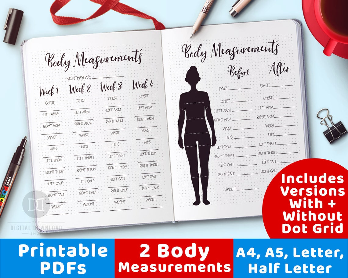 2 Body Measurement Tracker Printables, Bujo Journal Body Measurement ...