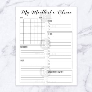 Day at a Glance Printable + Month at a Glance Bullet Journal Printable ...